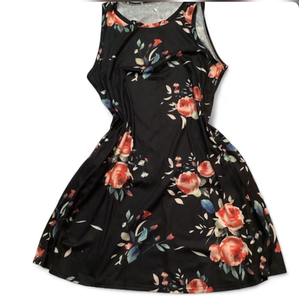 Women’s Black Floral Rose Print Sleeveless A-Line Dress Size Large Knee Length